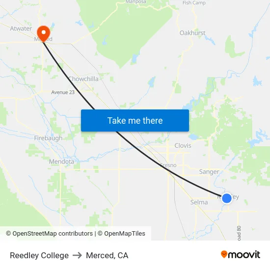 Reedley College to Merced, CA map