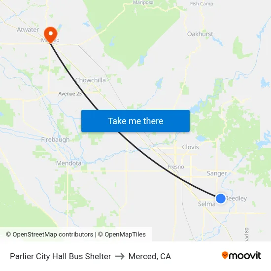 Parlier City Hall Bus Shelter to Merced, CA map