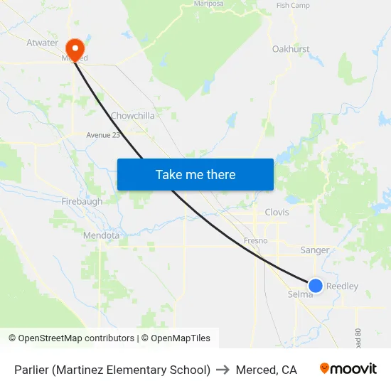 Parlier (Martinez Elementary School) to Merced, CA map