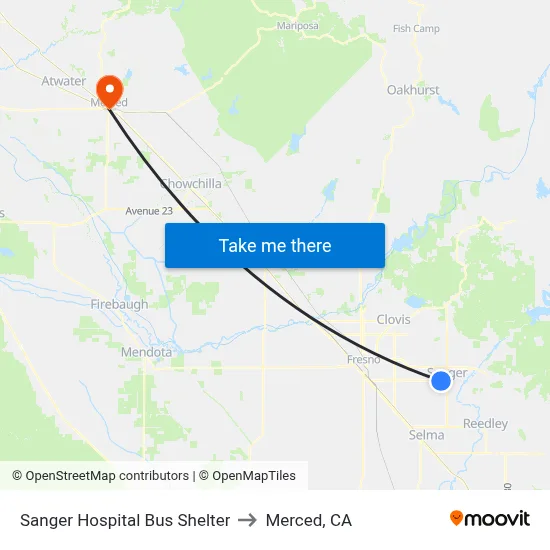 Sanger Hospital Bus Shelter to Merced, CA map
