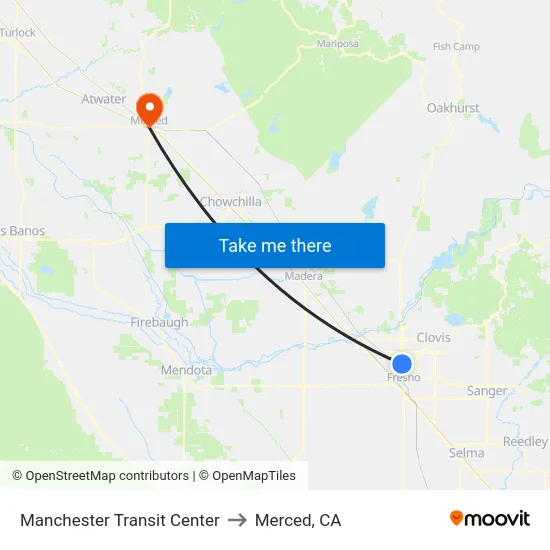 Manchester Transit Center to Merced, CA map