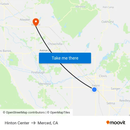 Hinton Center to Merced, CA map