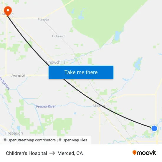 Children's Hospital to Merced, CA map
