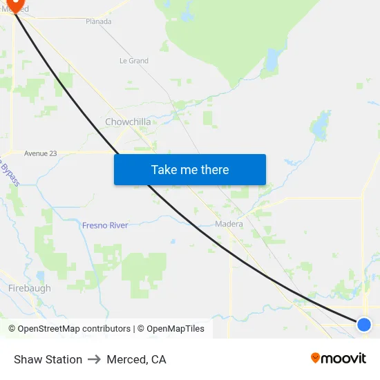 Shaw Station to Merced, CA map
