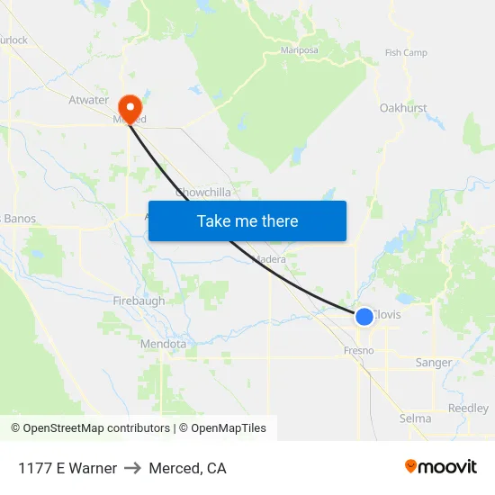 1177 E Warner to Merced, CA map