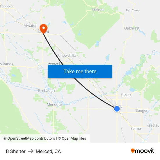 B Shelter to Merced, CA map