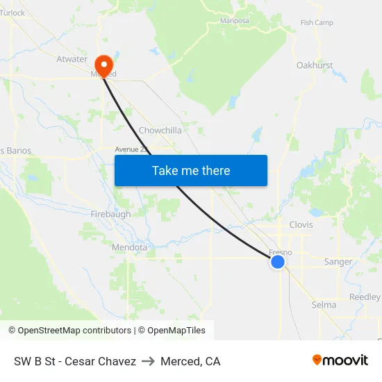 SW B St - Cesar Chavez to Merced, CA map