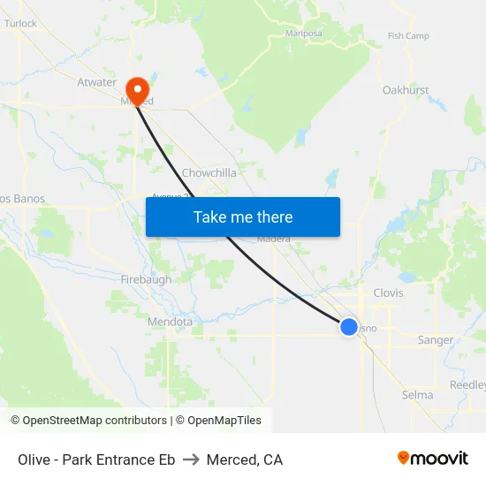 Olive - Park Entrance Eb to Merced, CA map