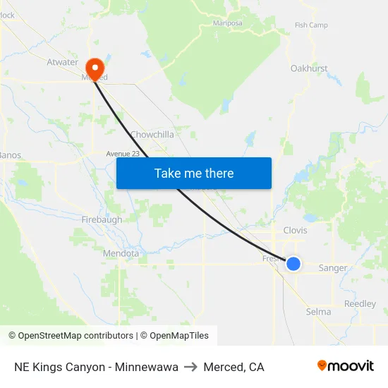 NE Kings Canyon - Minnewawa to Merced, CA map