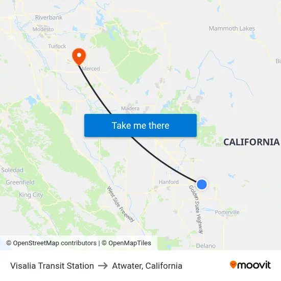 Visalia Transit Station to Atwater, California map