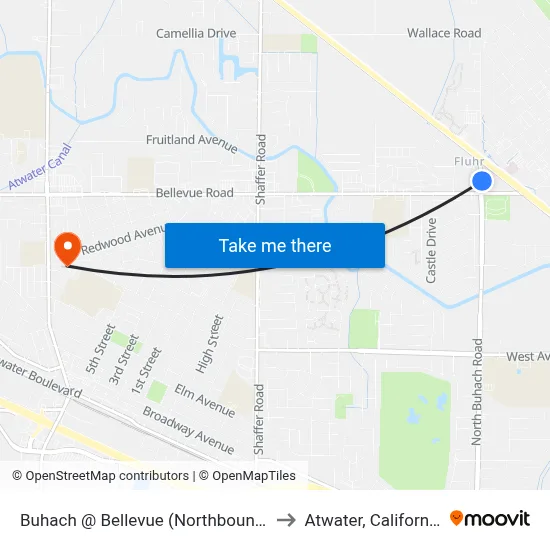Buhach @ Bellevue (Northbound) to Atwater, California map