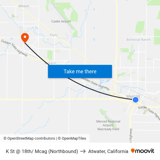 K St @ 18th/ Mcag (Northbound) to Atwater, California map