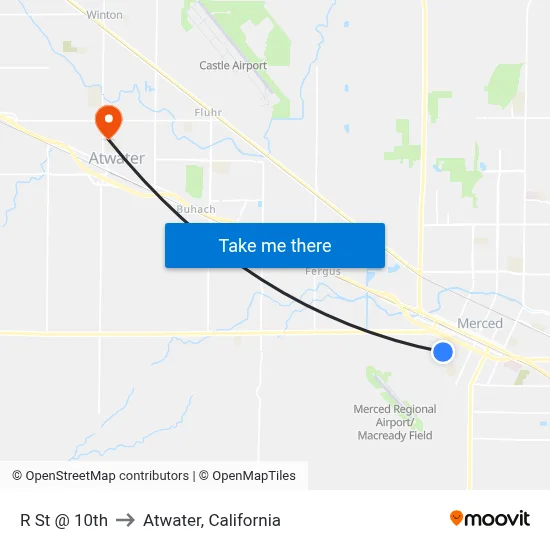 R St @ 10th to Atwater, California map