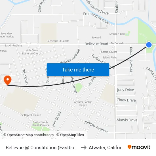 Bellevue @ Constitution (Eastbound) to Atwater, California map