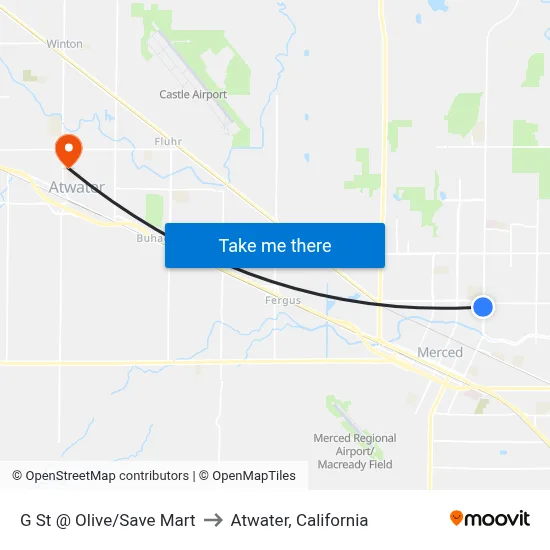G St @ Olive/Save Mart to Atwater, California map