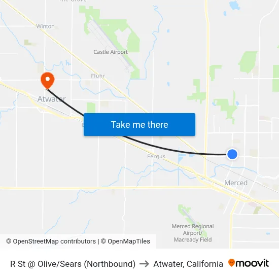 R St @ Olive/Sears (Northbound) to Atwater, California map