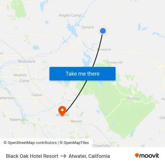 Black Oak Hotel Resort to Atwater, California map