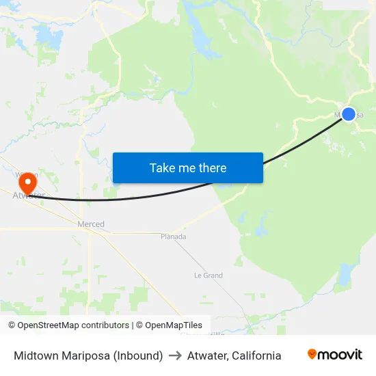 Midtown Mariposa (Inbound) to Atwater, California map