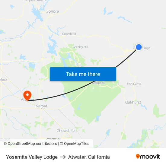 Yosemite Valley Lodge to Atwater, California map
