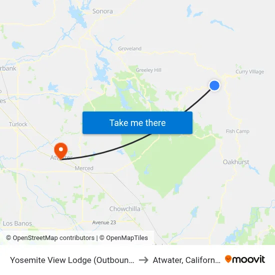 Yosemite View Lodge (Outbound) to Atwater, California map