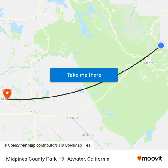 Midpines County Park to Atwater, California map
