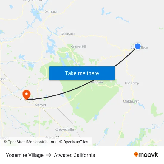 Yosemite Village to Atwater, California map