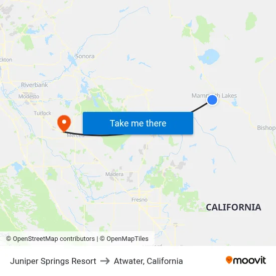 Juniper Springs Resort to Atwater, California map