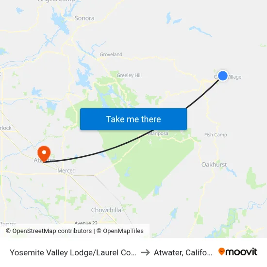 Yosemite Valley Lodge/Laurel Cottage to Atwater, California map