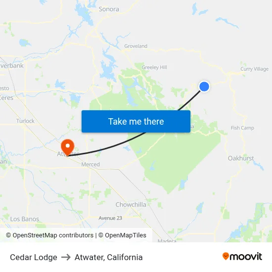 Cedar Lodge to Atwater, California map