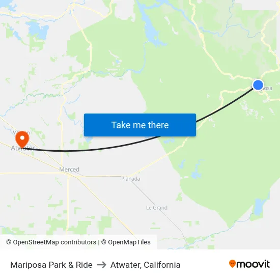 Mariposa Park & Ride to Atwater, California map