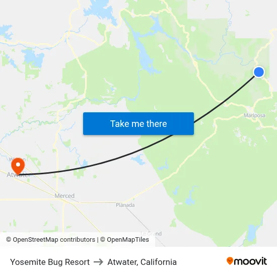 Yosemite Bug Resort to Atwater, California map