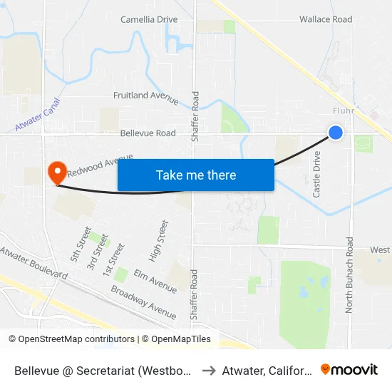 Bellevue @ Secretariat (Westbound) to Atwater, California map