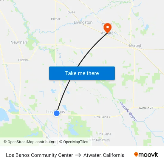 Los Banos Community Center to Atwater, California map