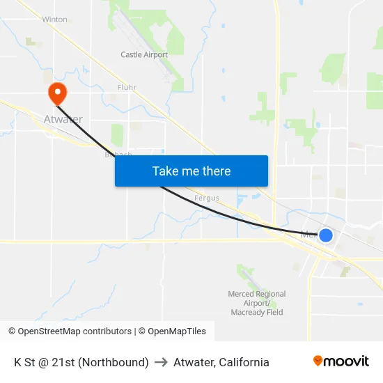 K St @ 21st (Northbound) to Atwater, California map