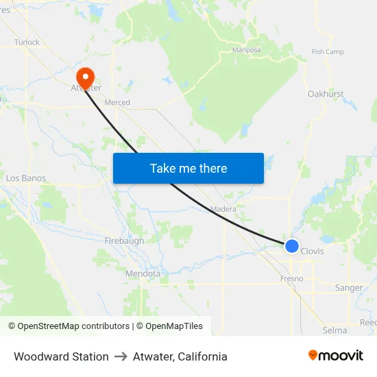 Woodward Station to Atwater, California map