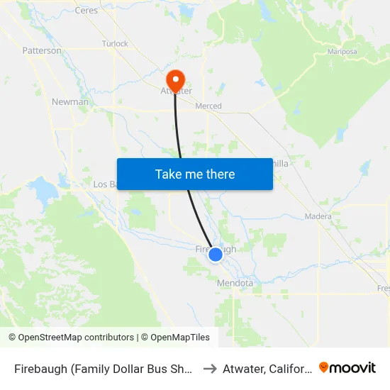 Firebaugh (Family Dollar Bus Shelter) to Atwater, California map