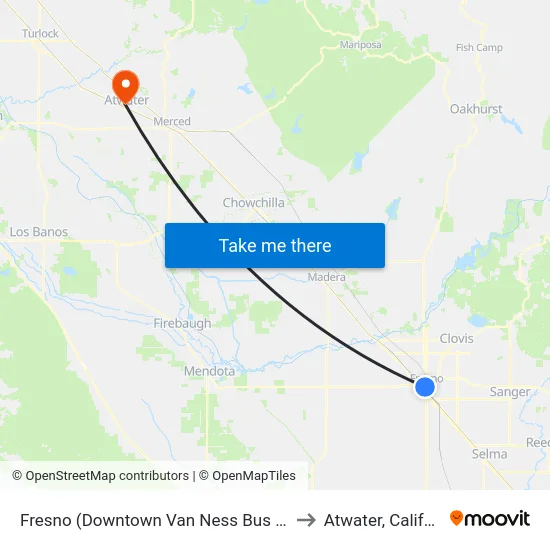 Fresno (Downtown Van Ness Bus Shelter) to Atwater, California map