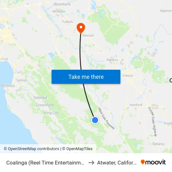 Coalinga (Reel Time Entertainment) to Atwater, California map