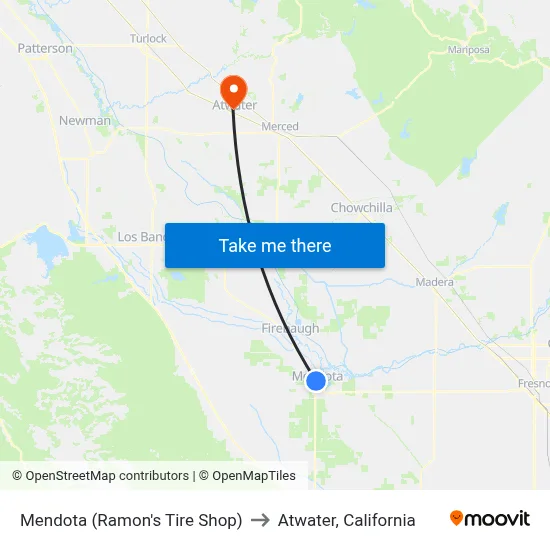 Mendota (Ramon's Tire Shop) to Atwater, California map