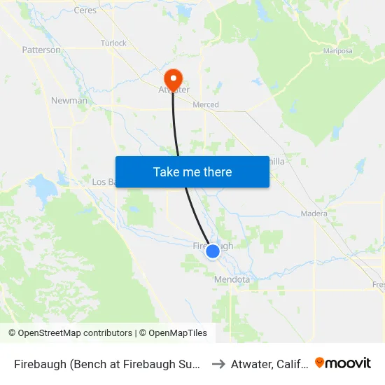 Firebaugh (Bench at Firebaugh Supermarket) to Atwater, California map