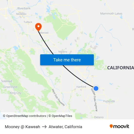 Mooney @ Kaweah to Atwater, California map