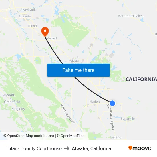 Tulare County Courthouse to Atwater, California map