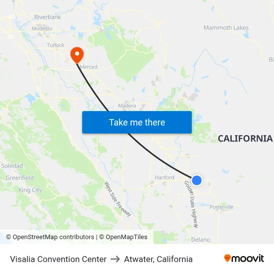 Visalia Convention Center to Atwater, California map