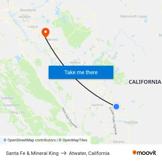 Santa Fe & Mineral King to Atwater, California map