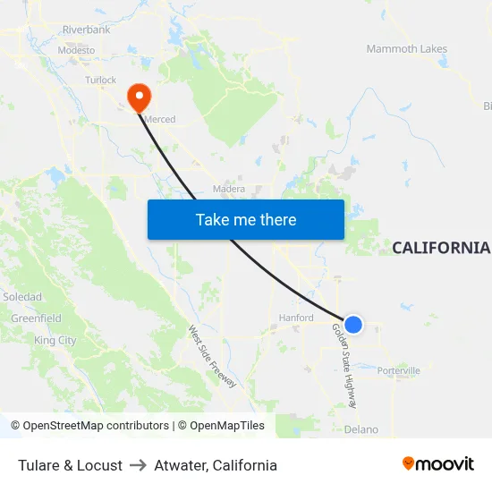 Tulare & Locust to Atwater, California map