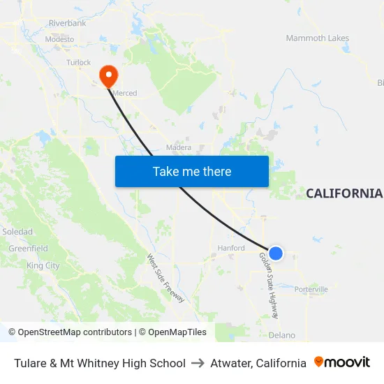 Tulare & Mt Whitney High School to Atwater, California map
