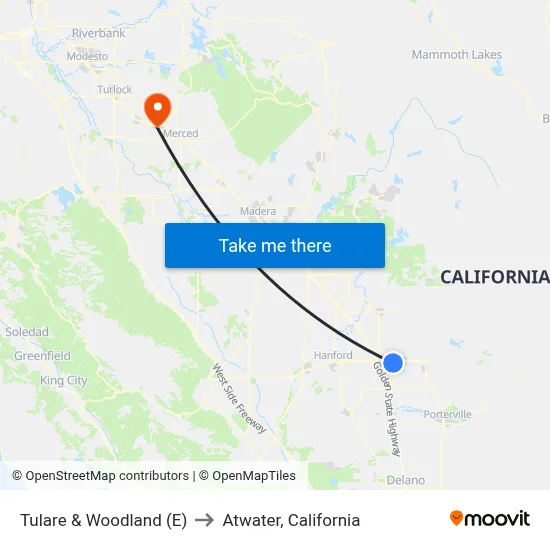 Tulare & Woodland (E) to Atwater, California map