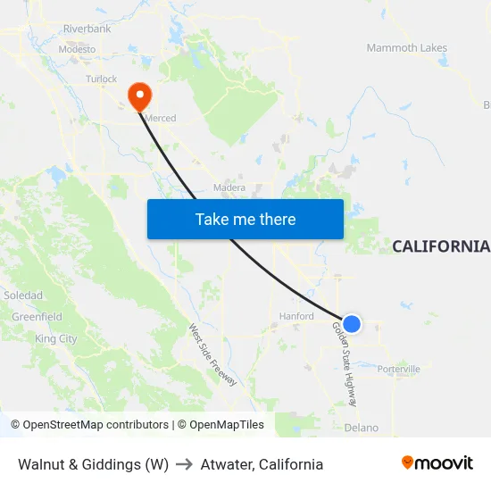 Walnut & Giddings (W) to Atwater, California map