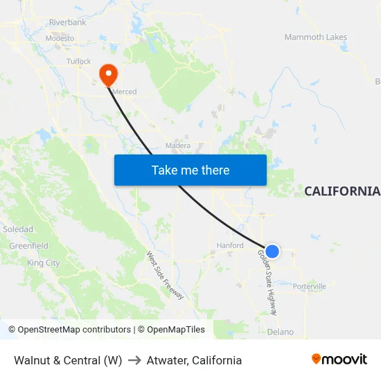 Walnut & Central (W) to Atwater, California map