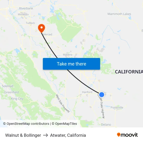 Walnut & Bollinger to Atwater, California map